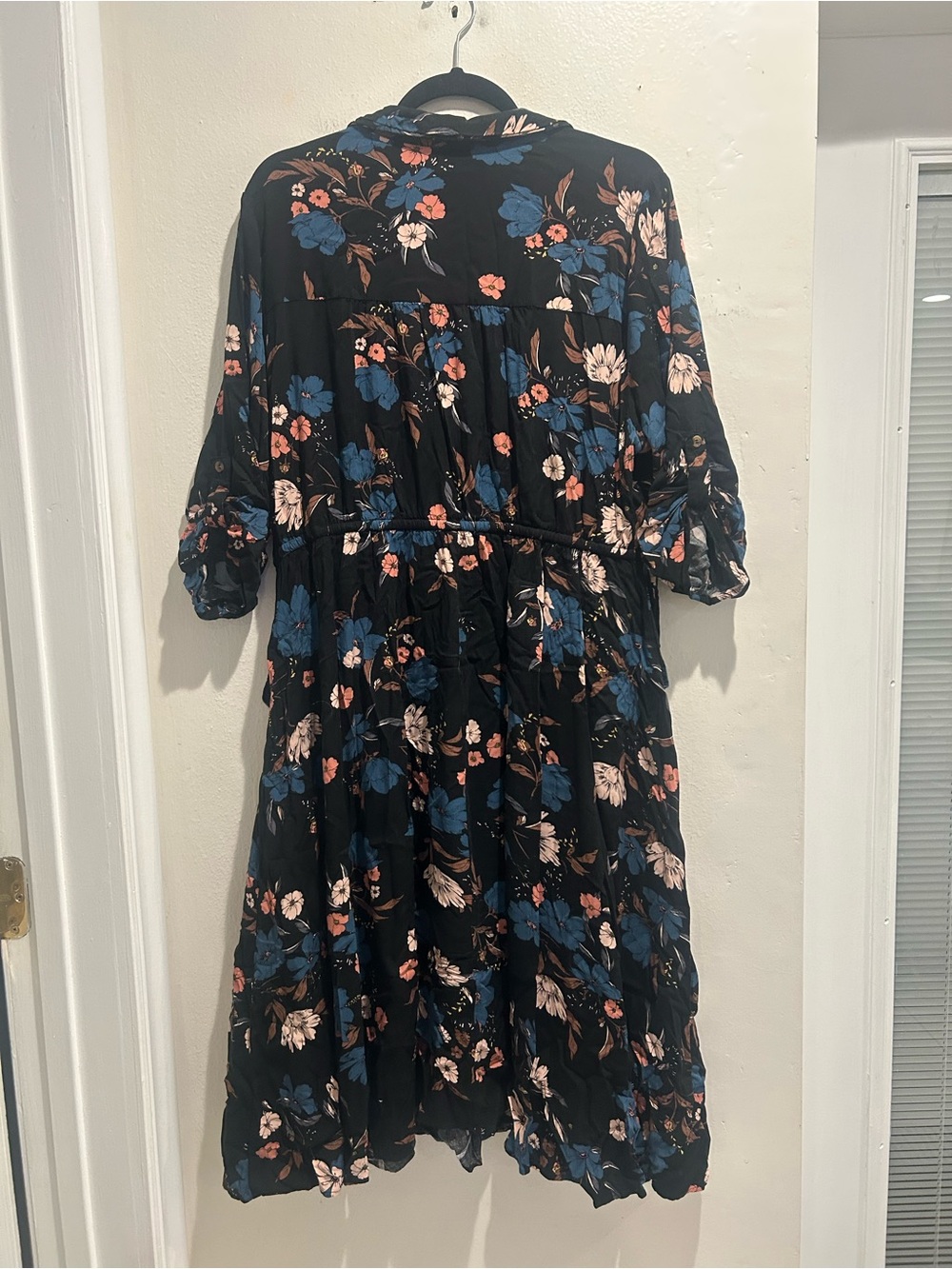 Torrid Black Floral Button-Front Midi Dress with Blue & Pink Blooms